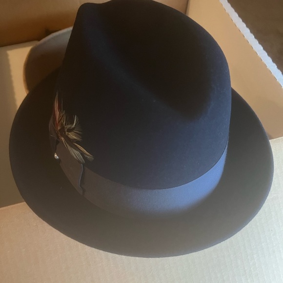 BLACK FRIDAY SALE-Men’s Blue Wool dress hat with satin ribbon and feather - Picture 6 of 9